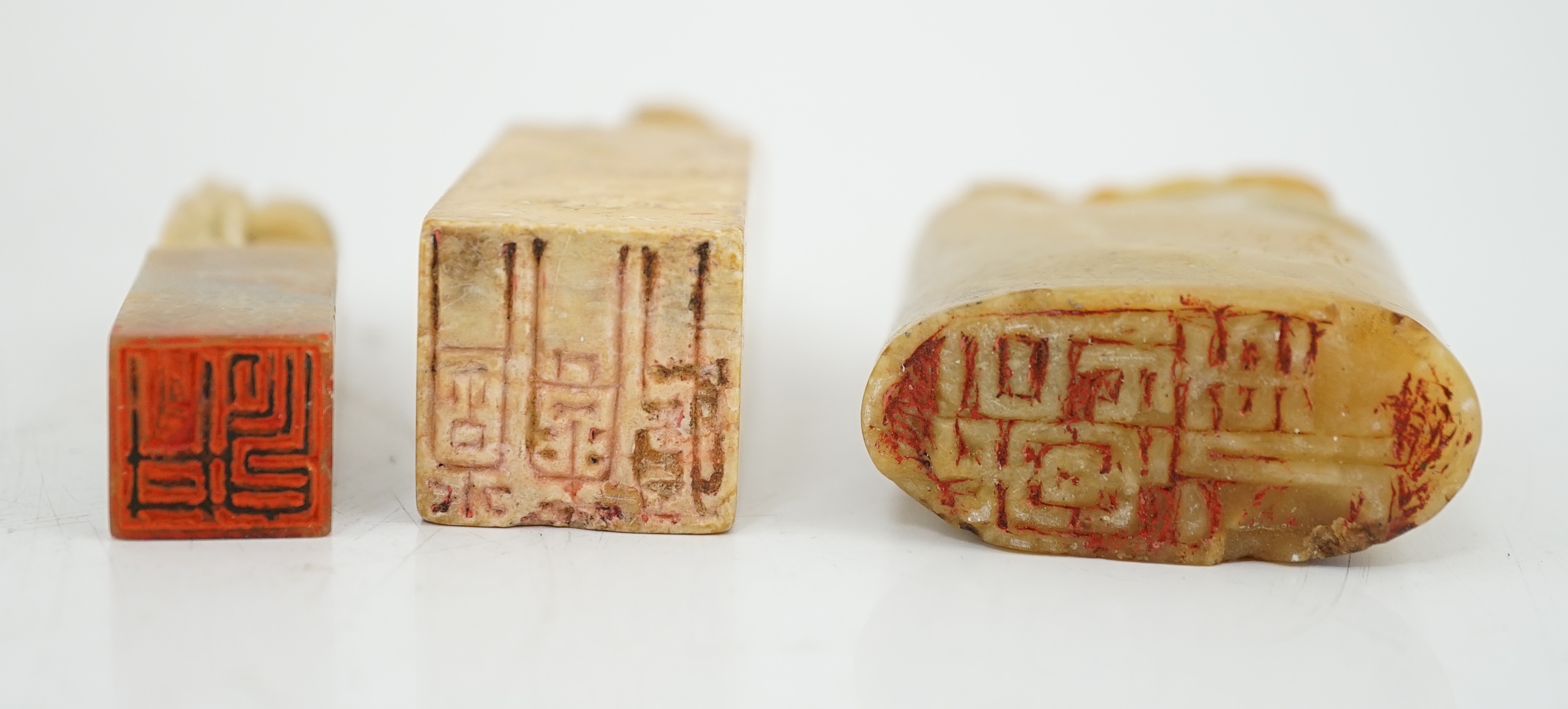 A group of nine Chinese soapstone literati seals, and a similar example in agate